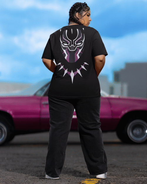 Back view of a woman wearing a Black Panther graphic T-shirt